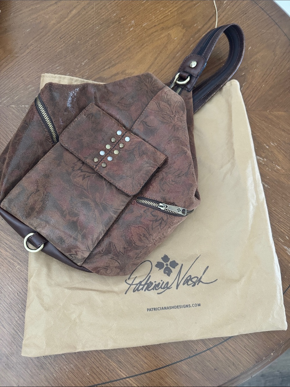 PATRICIA NASH LEAF SUEDE LEATHER CONVERTIBLE SLING BACKPACK JACQUARD DUST BAG